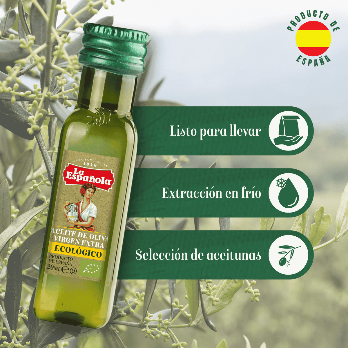 Bandejas expositorias (4x50) 200 miniaturas de Aceite de Oliva Virgen Extra Ecológico de 20ml