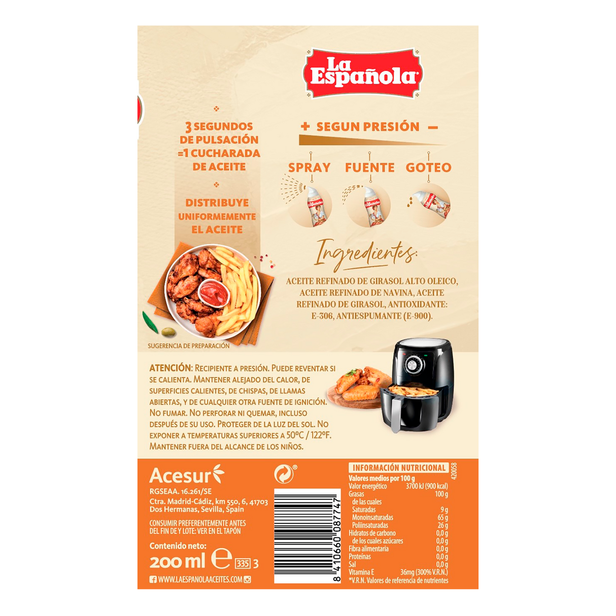 Aceite La Española en Spray Especial Freidora de Aire