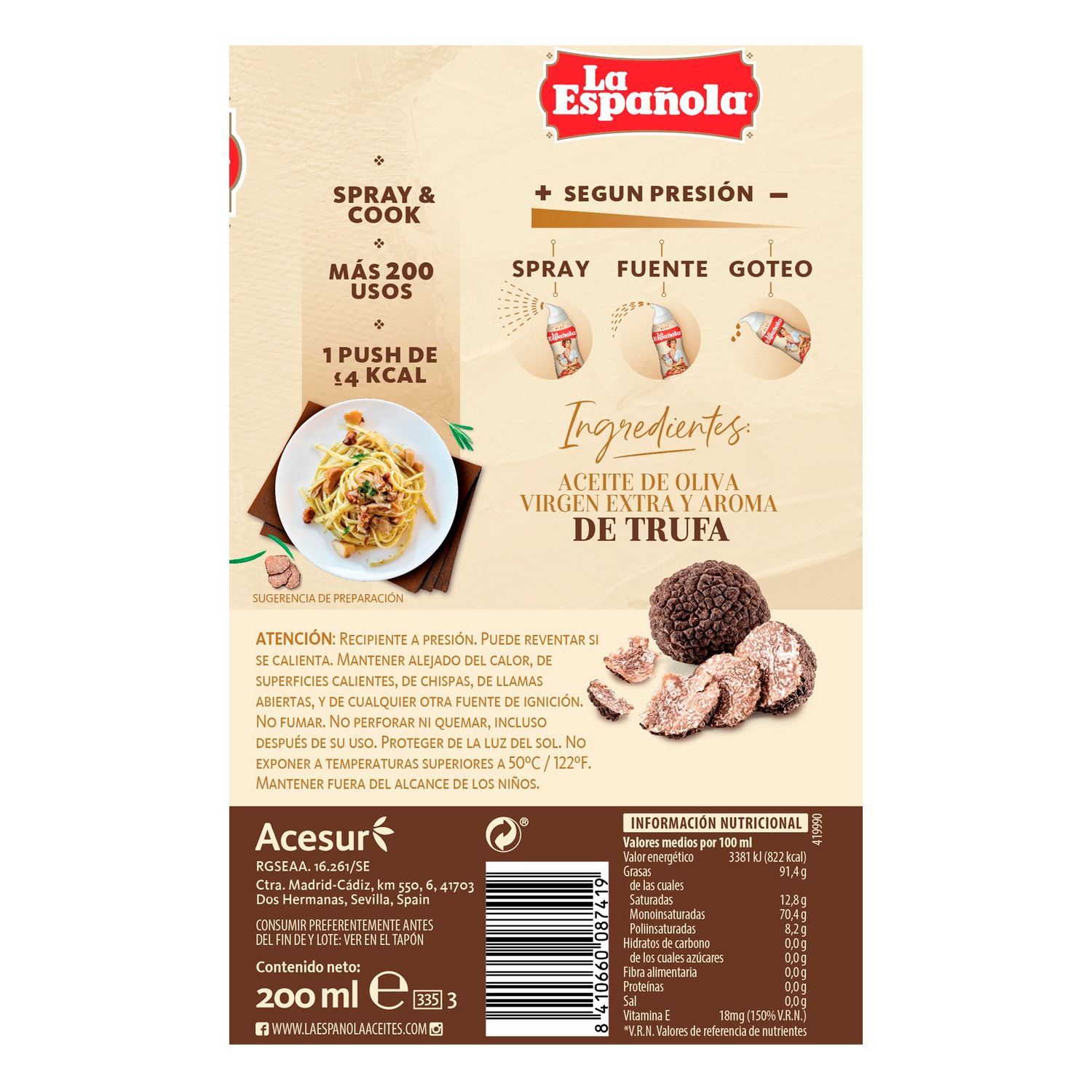 Aceite de Oliva Virgen Extra La Española con esencia de Trufa en Spray de 200ml